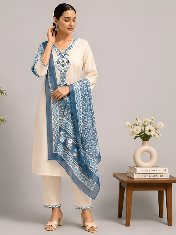 Off-White Embroidered Suit Set with Blue Printed Dupatta - D-43 - view 3