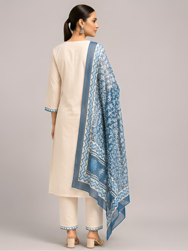 Off-White Embroidered Suit Set with Blue Printed Dupatta - D-43 - view 4