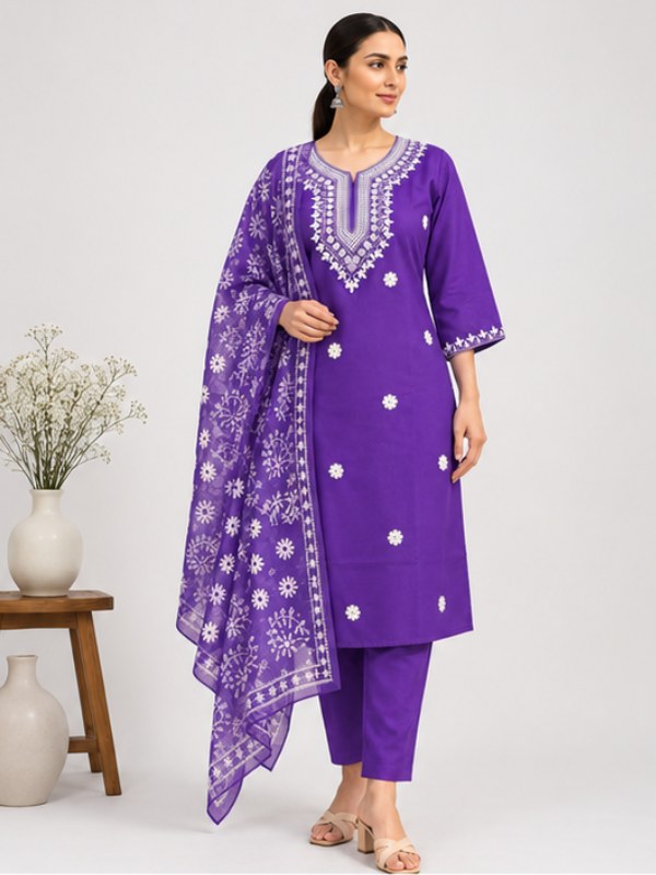 Violet Embroidered Butti Suit Set with Printed Dupatta - D-44 - view 1