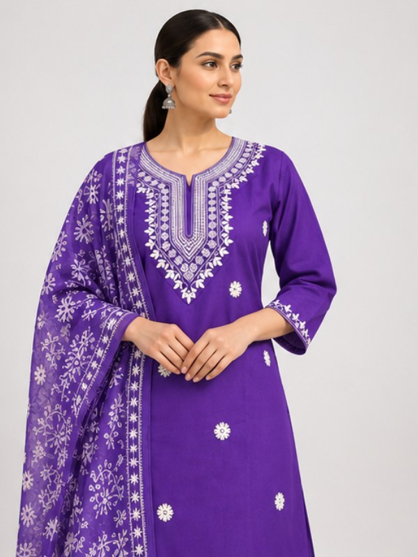 Violet Embroidered Butti Suit Set with Printed Dupatta - D-44 - view 2