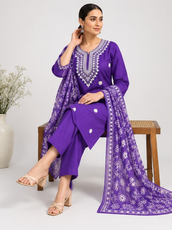 Violet Embroidered Butti Suit Set with Printed Dupatta - D-44 - view 3