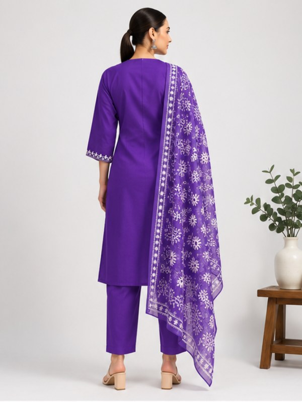 Violet Embroidered Butti Suit Set with Printed Dupatta - D-44 - view 4