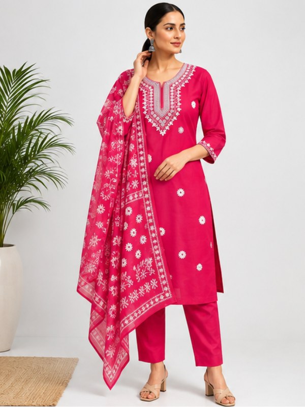 Rani Pink Embroidered Butti Suit Set with Printed Dupatta - D-45 - view 1