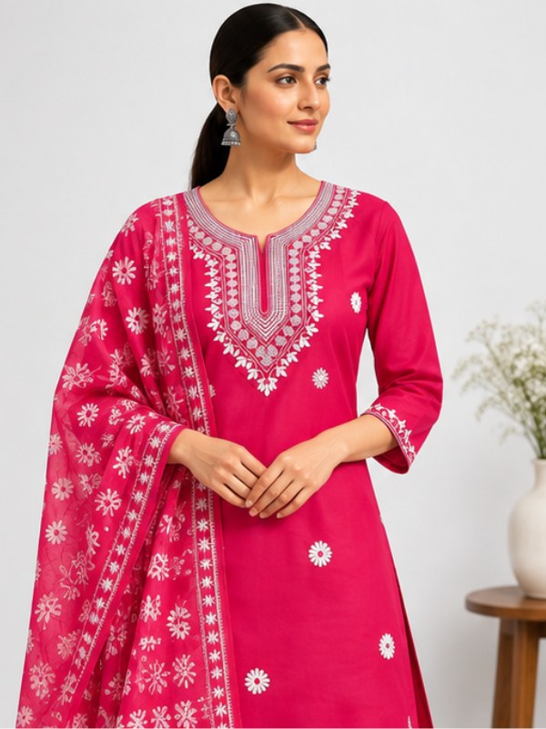 Rani Pink Embroidered Butti Suit Set with Printed Dupatta - D-45 - view 2