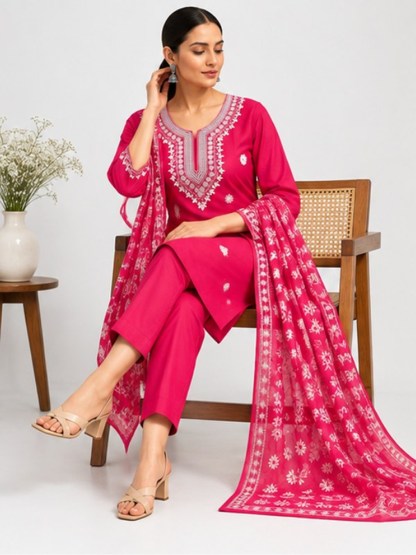 Rani Pink Embroidered Butti Suit Set with Printed Dupatta - D-45 - view 3