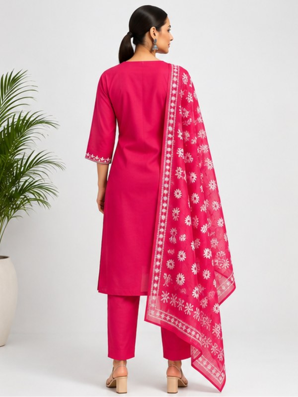 Rani Pink Embroidered Butti Suit Set with Printed Dupatta - D-45 - view 4