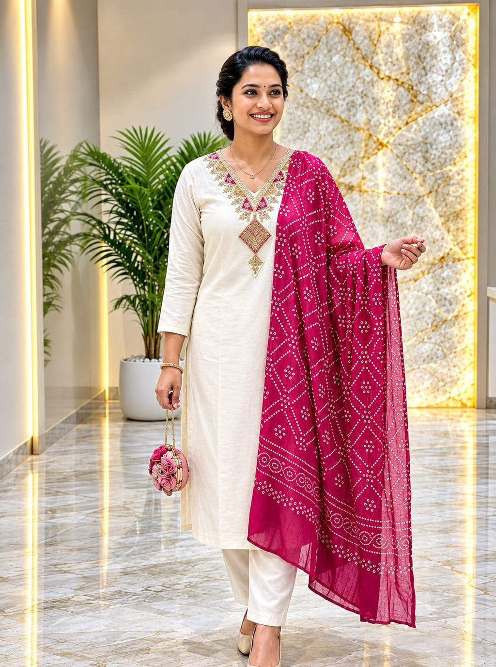 Off-White Embroidered Suit Set with Bandhani Dupatta - D-46 - view 1