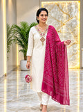 Off-White Embroidered Suit Set with Bandhani Dupatta - D-46 - view 1