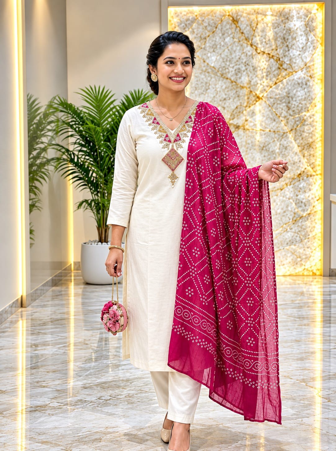 Off-White Embroidered Suit Set with Bandhani Dupatta - D-46 - view 1