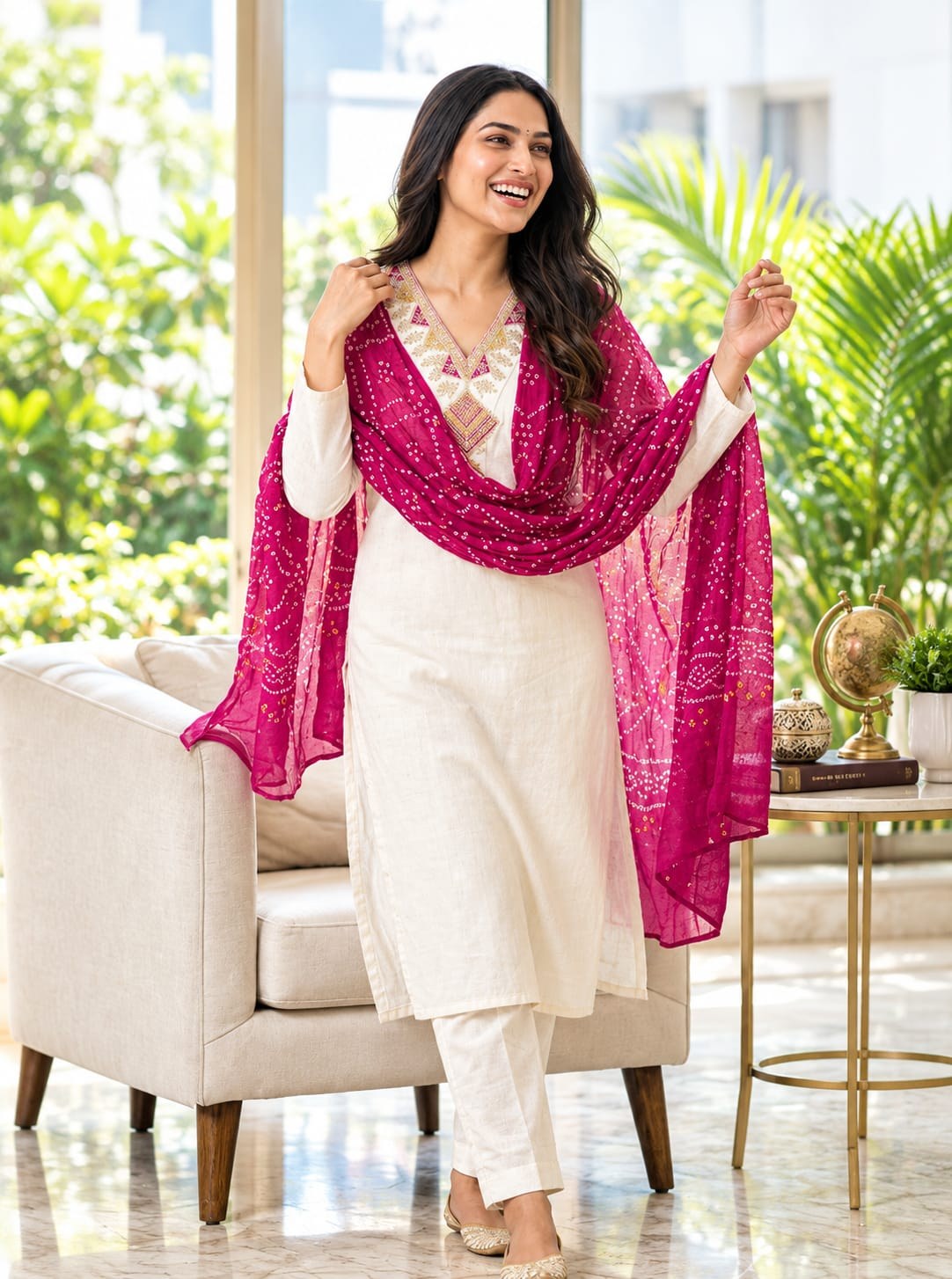 Off-White Embroidered Suit Set with Bandhani Dupatta - D-46 - view 2