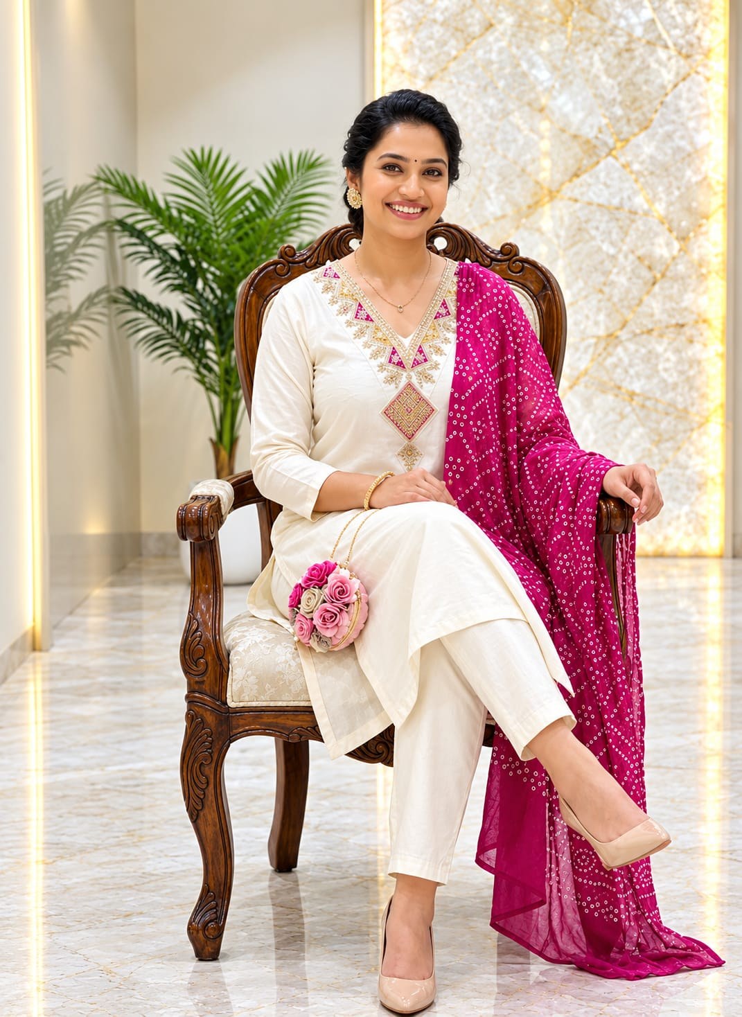 Off-White Embroidered Suit Set with Bandhani Dupatta - D-46 - view 3