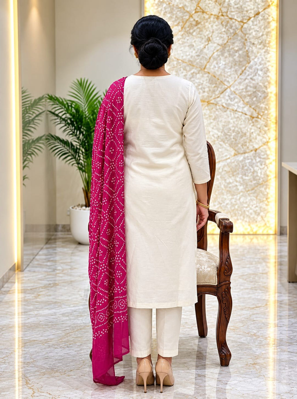 Off-White Embroidered Suit Set with Bandhani Dupatta - D-46 - view 4