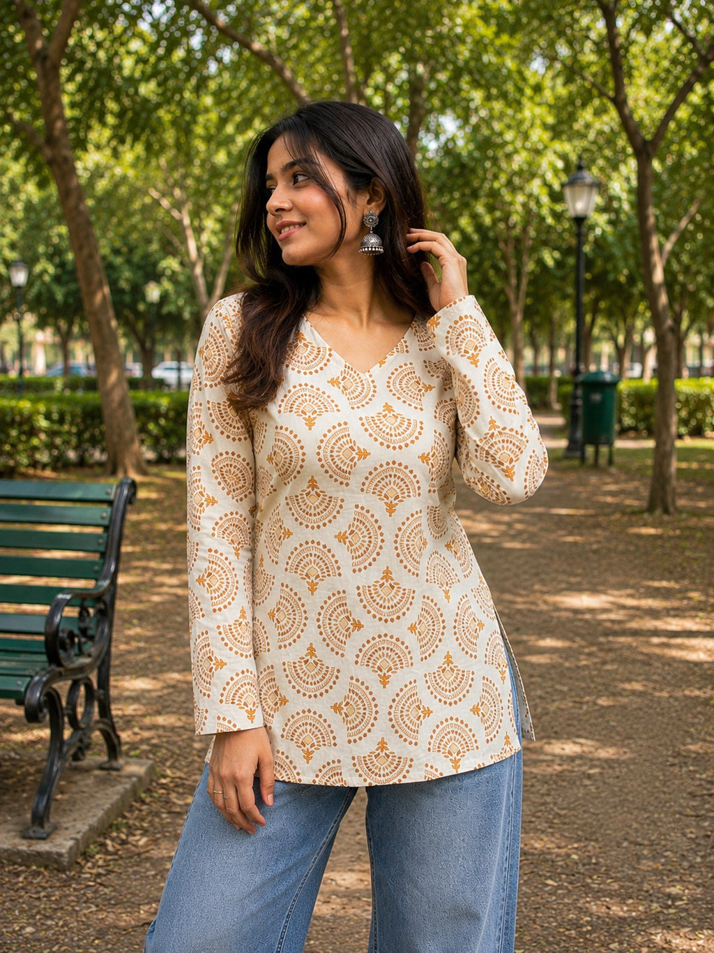 Beige Geometric Print Cotton Short Kurti - DK-201 - view 2