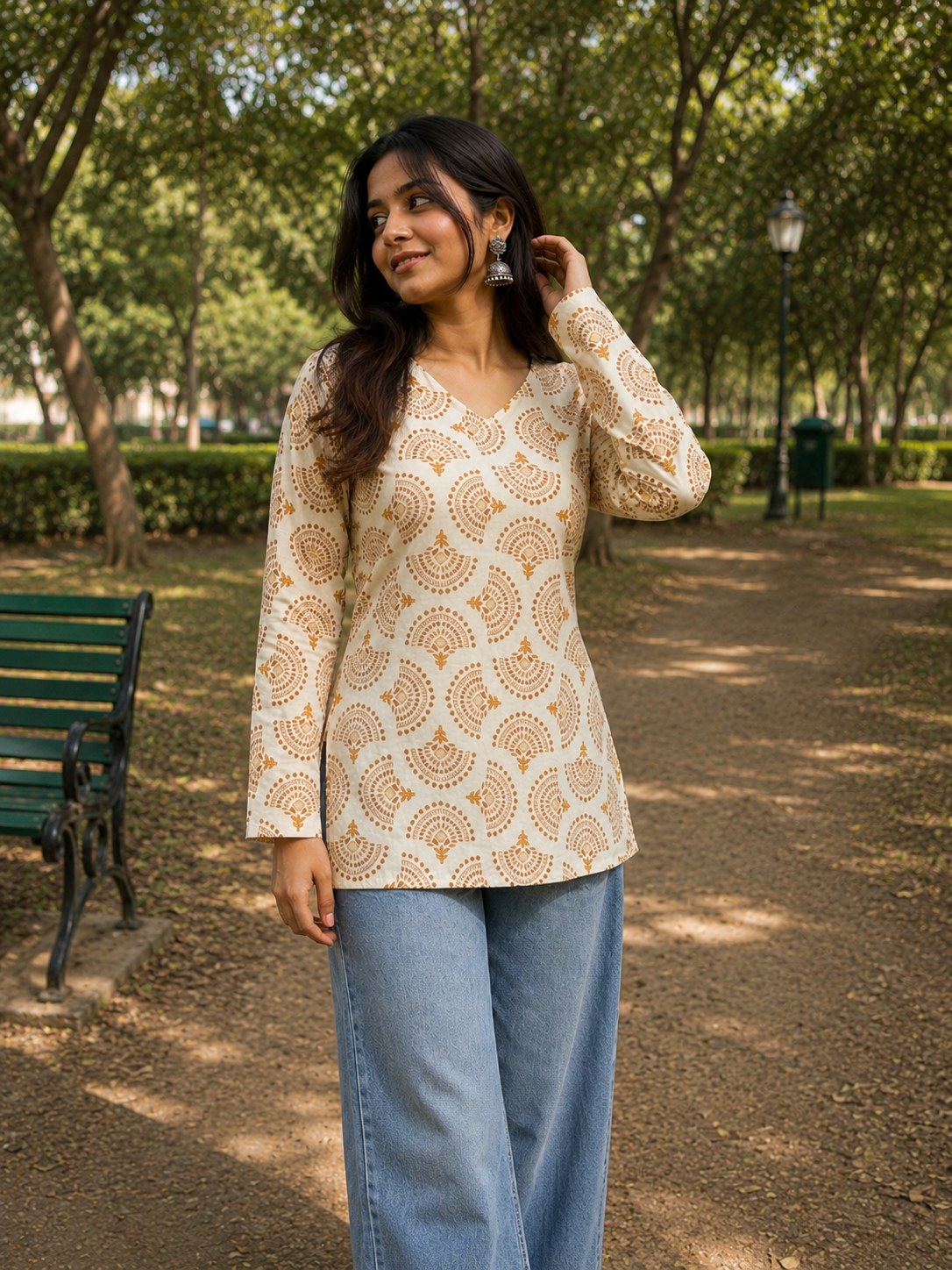 Beige Geometric Print Cotton Short Kurti - DK-201 - view 3