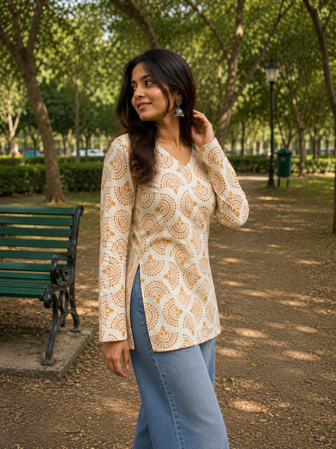 Beige Geometric Print Cotton Short Kurti - DK-201 - view 4