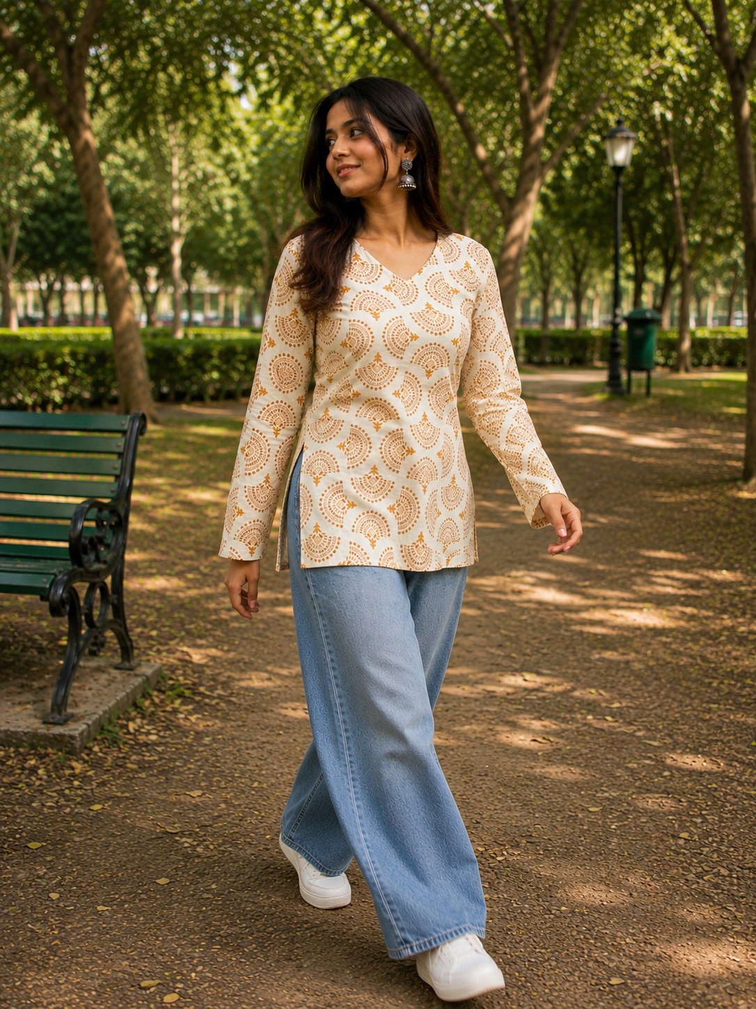 Beige Geometric Print Cotton Short Kurti - DK-201 - view 5
