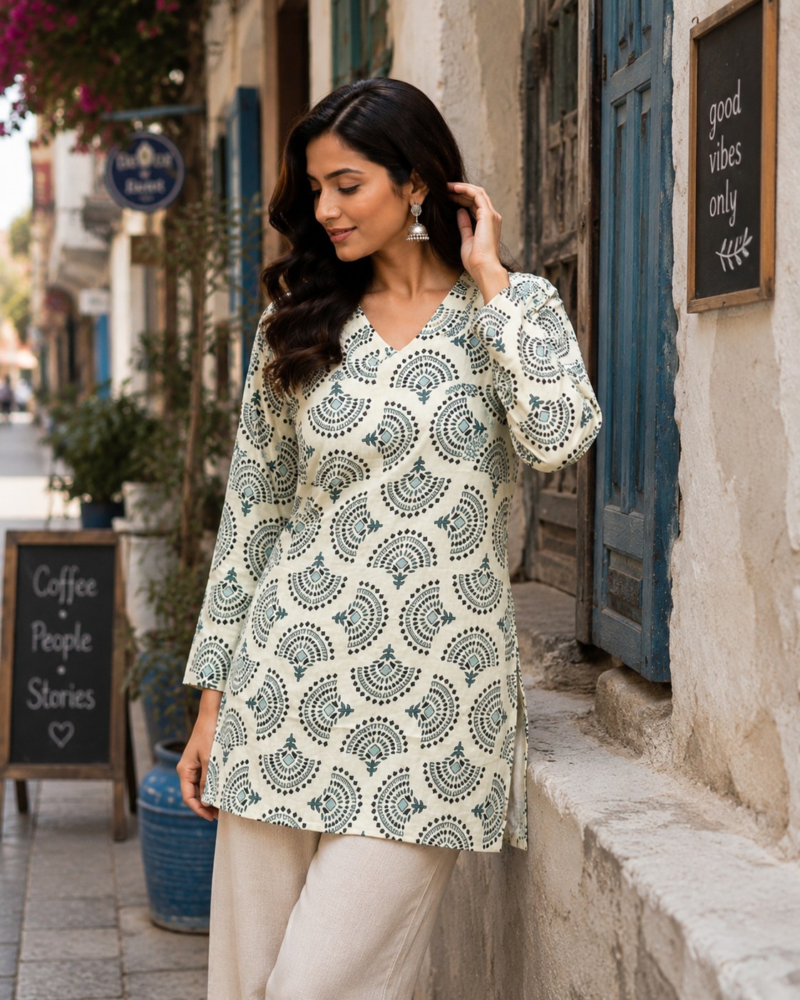 Off-White Fan Print Cotton Short Kurti - DK-202 - view 3