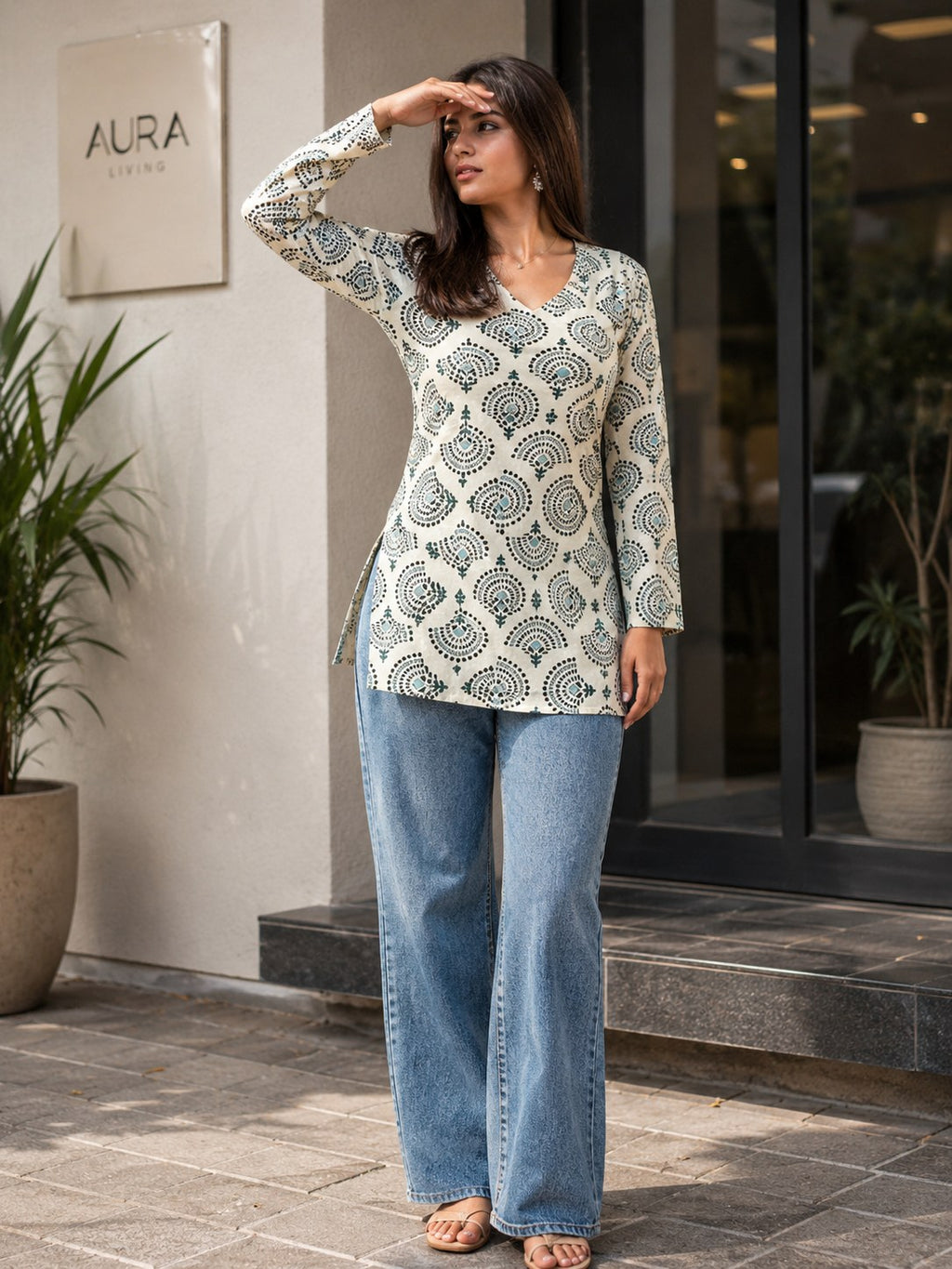 Off-White Fan Print Cotton Short Kurti - DK-202 - view 8