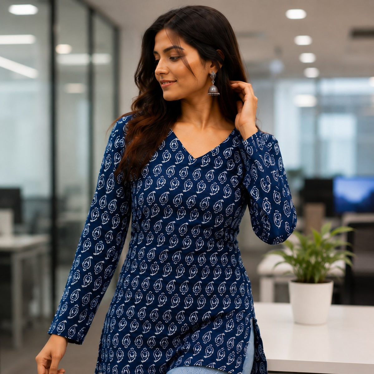 Indigo Blue Paisley Print Cotton Short Kurti - DK-203 - view 4