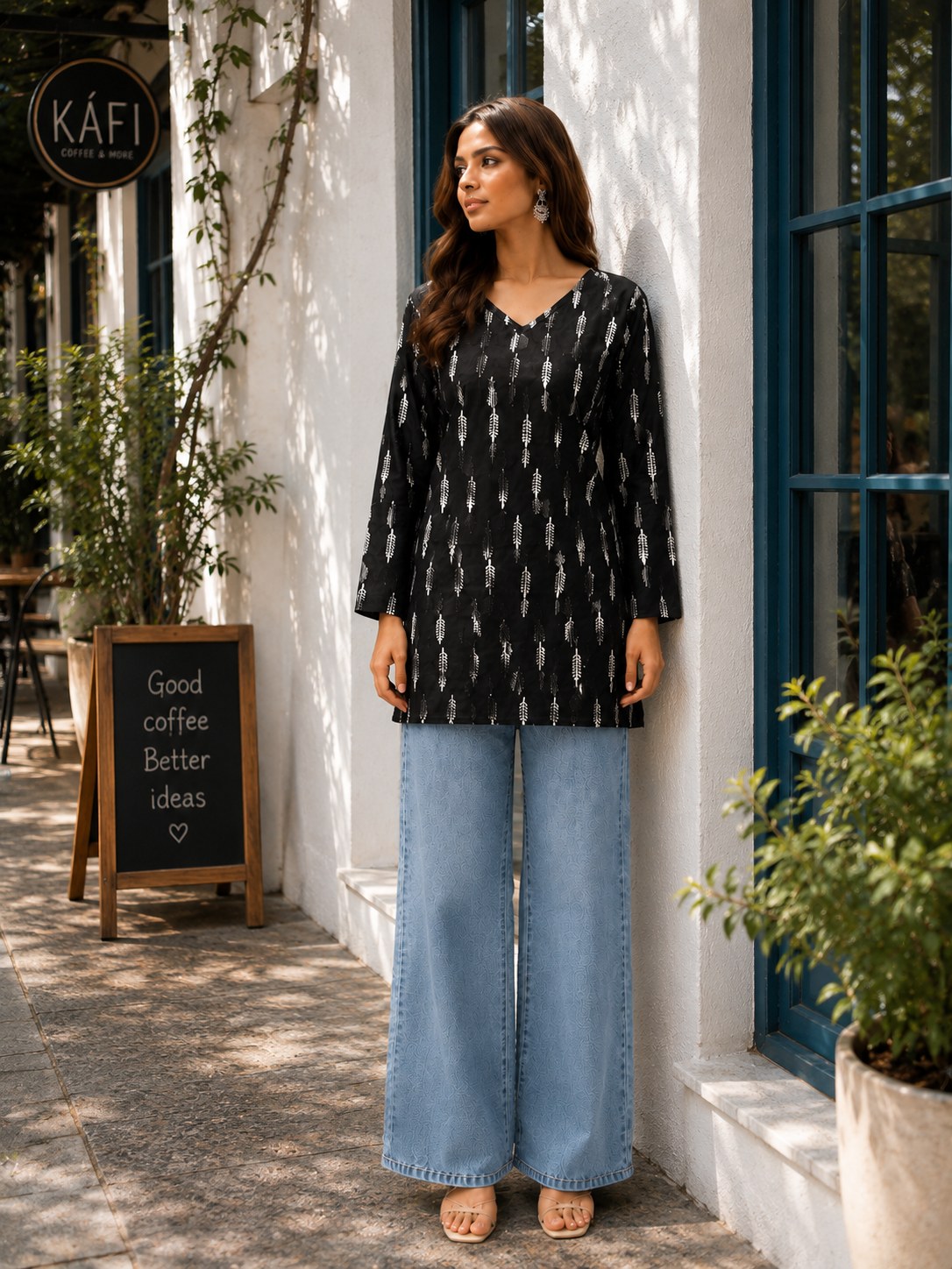 Black Ikat Print Cotton Short Kurti - DK-204 - view 1