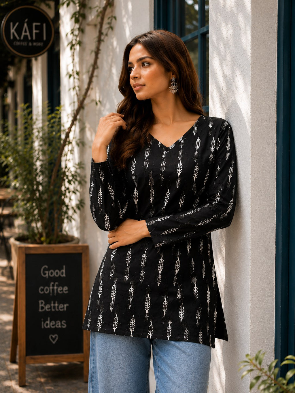 Black Ikat Print Cotton Short Kurti - DK-204 - view 4