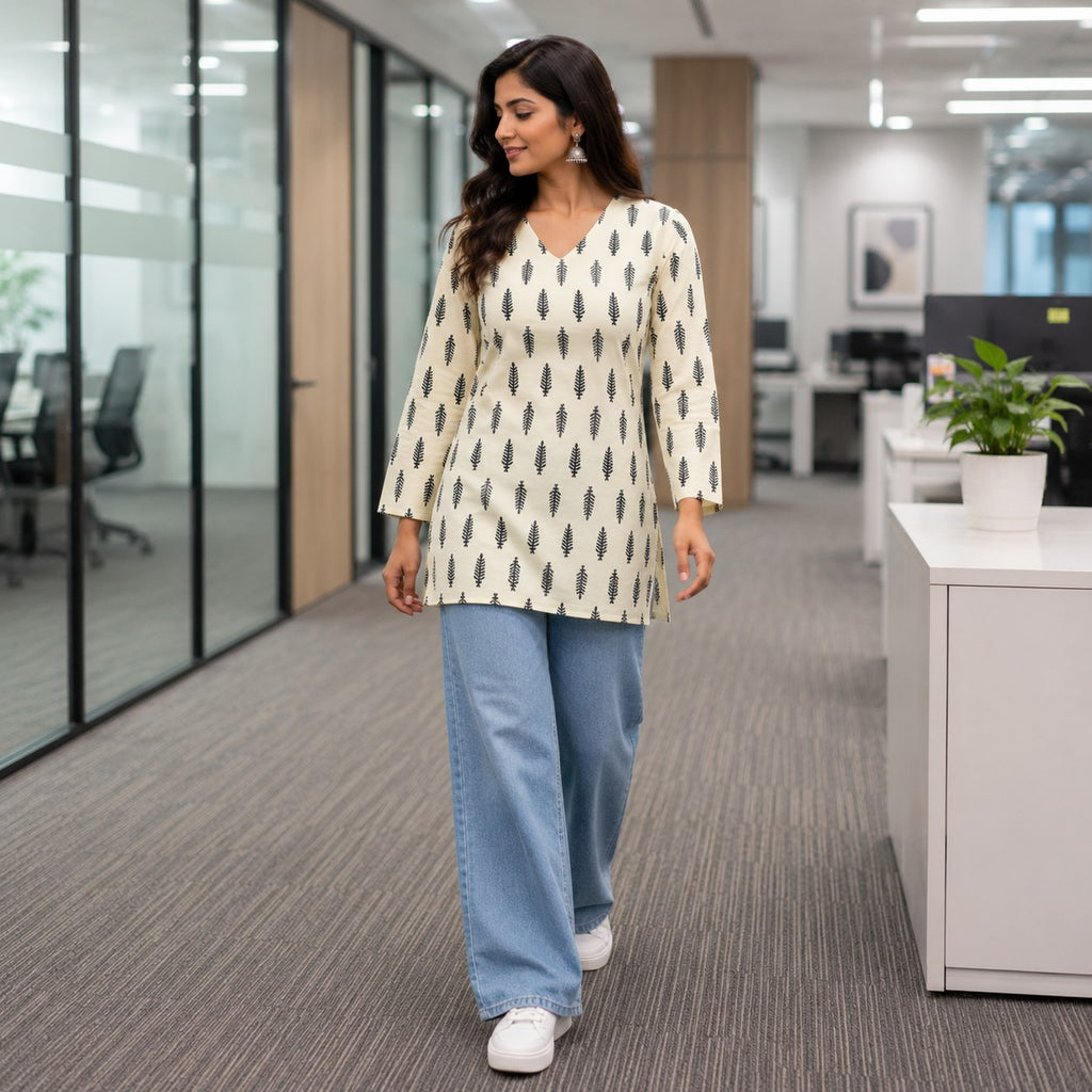 Cream Leaf Print Cotton Short Kurti - DK-205 - view 1
