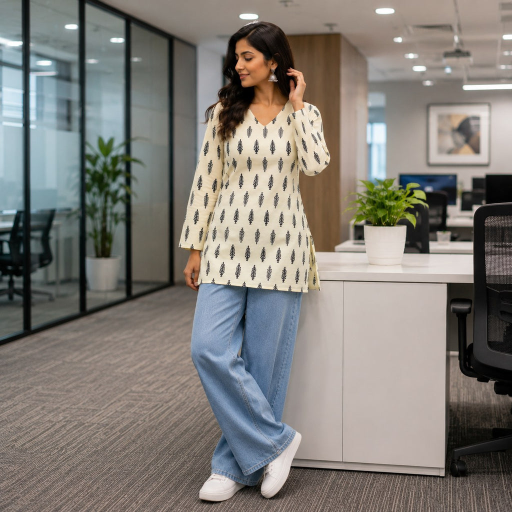 Cream Leaf Print Cotton Short Kurti - DK-205 - view 2