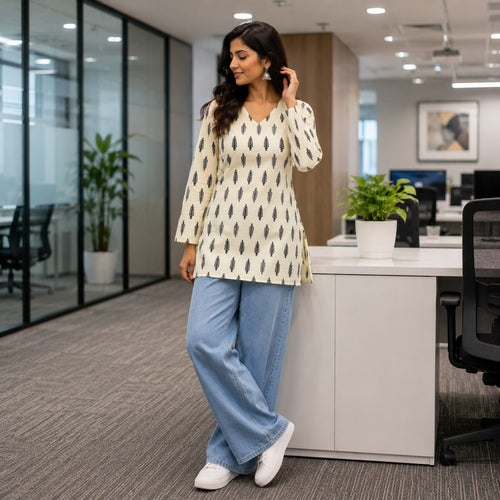 Cream Leaf Print Cotton Short Kurti - DK-205 - view 2