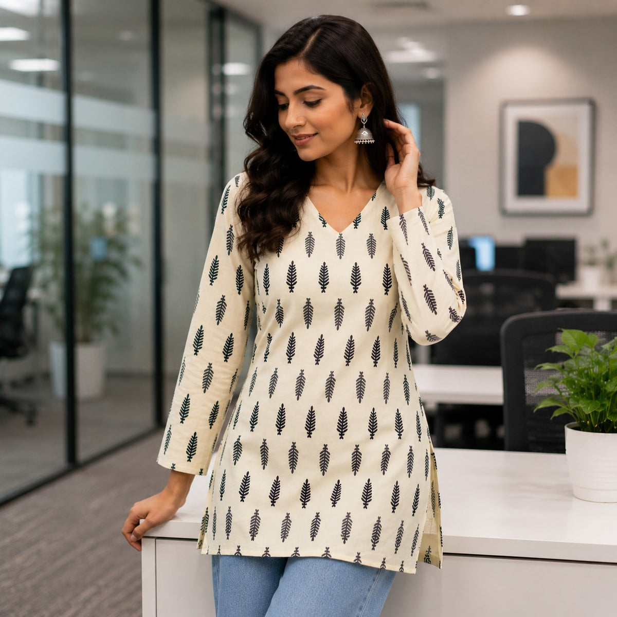 Cream Leaf Print Cotton Short Kurti - DK-205 - view 3