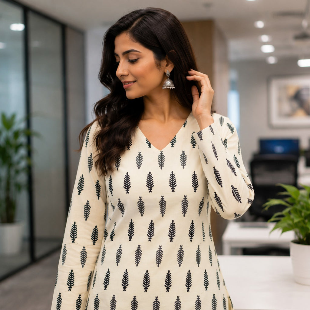 Cream Leaf Print Cotton Short Kurti - DK-205 - view 4