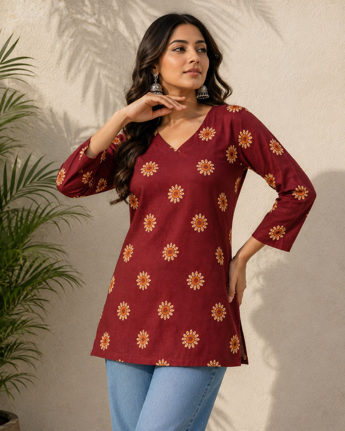 Maroon Floral Butti Print Cotton Short Kurti - DK-206 - view 1