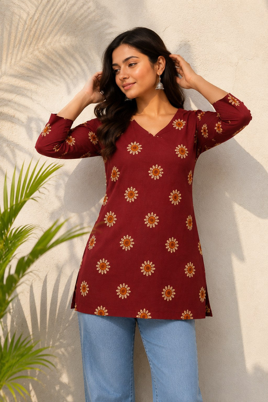 Maroon Floral Butti Print Cotton Short Kurti - DK-206 - view 2