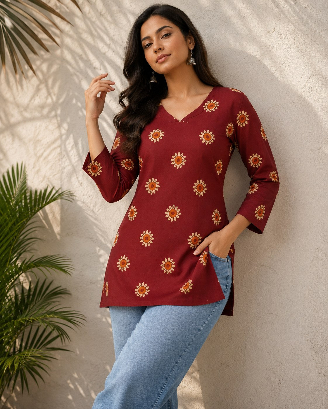 Maroon Floral Butti Print Cotton Short Kurti - DK-206 - view 3