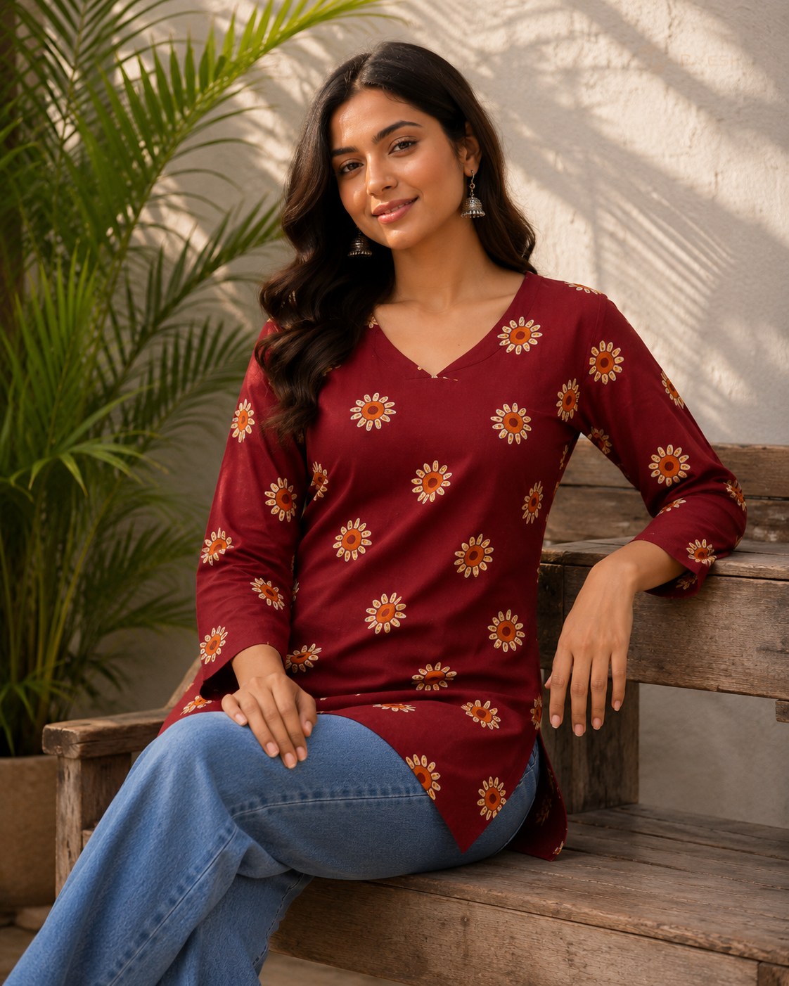 Maroon Floral Butti Print Cotton Short Kurti - DK-206 - view 4
