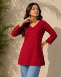 Red Tonal Geometric Print Cotton Short Kurti - DK-207 - view 1