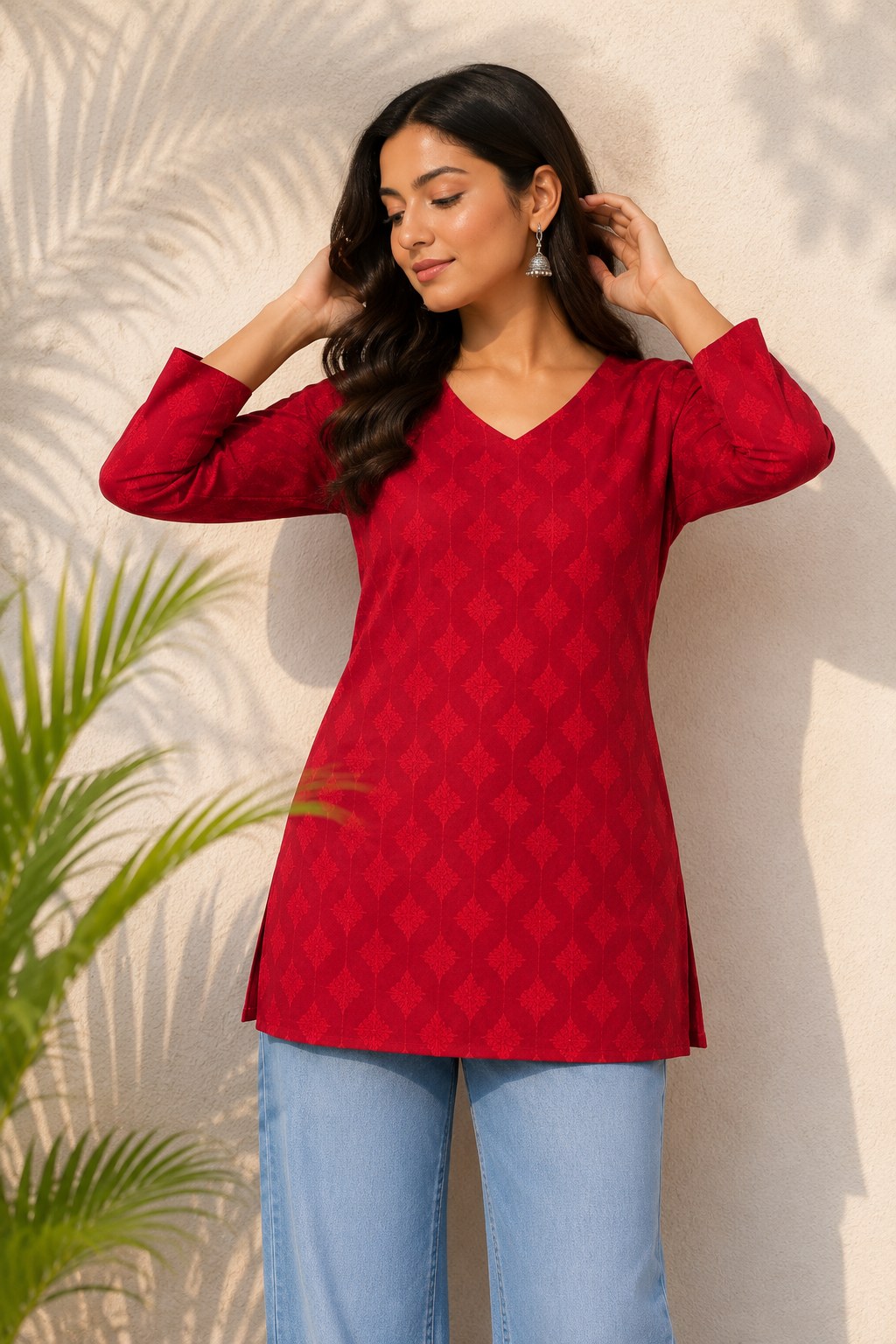 Red Tonal Geometric Print Cotton Short Kurti - DK-207 - view 2