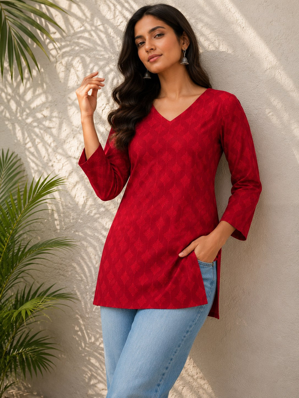 Red Tonal Geometric Print Cotton Short Kurti - DK-207 - view 3