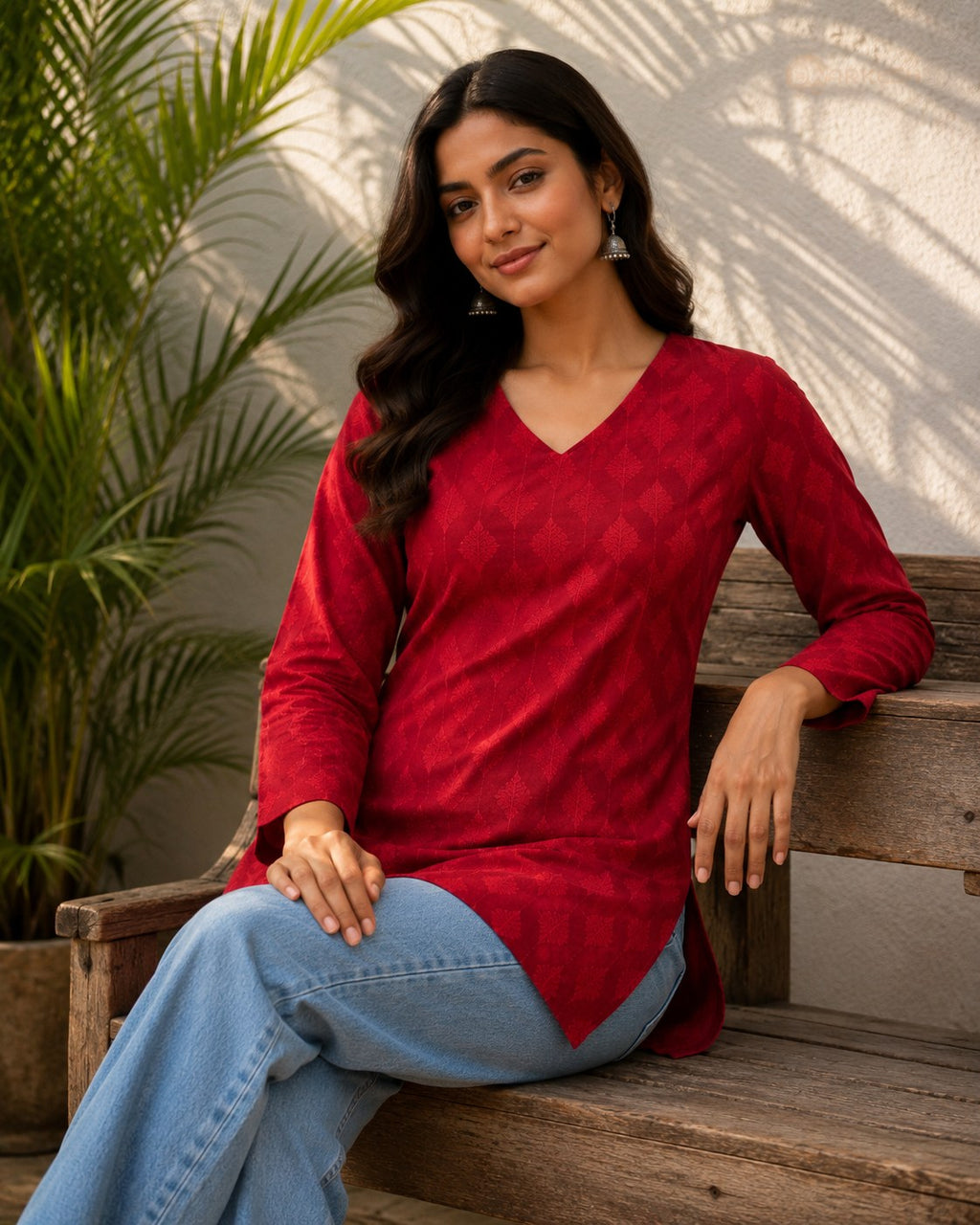 Red Tonal Geometric Print Cotton Short Kurti - DK-207 - view 4