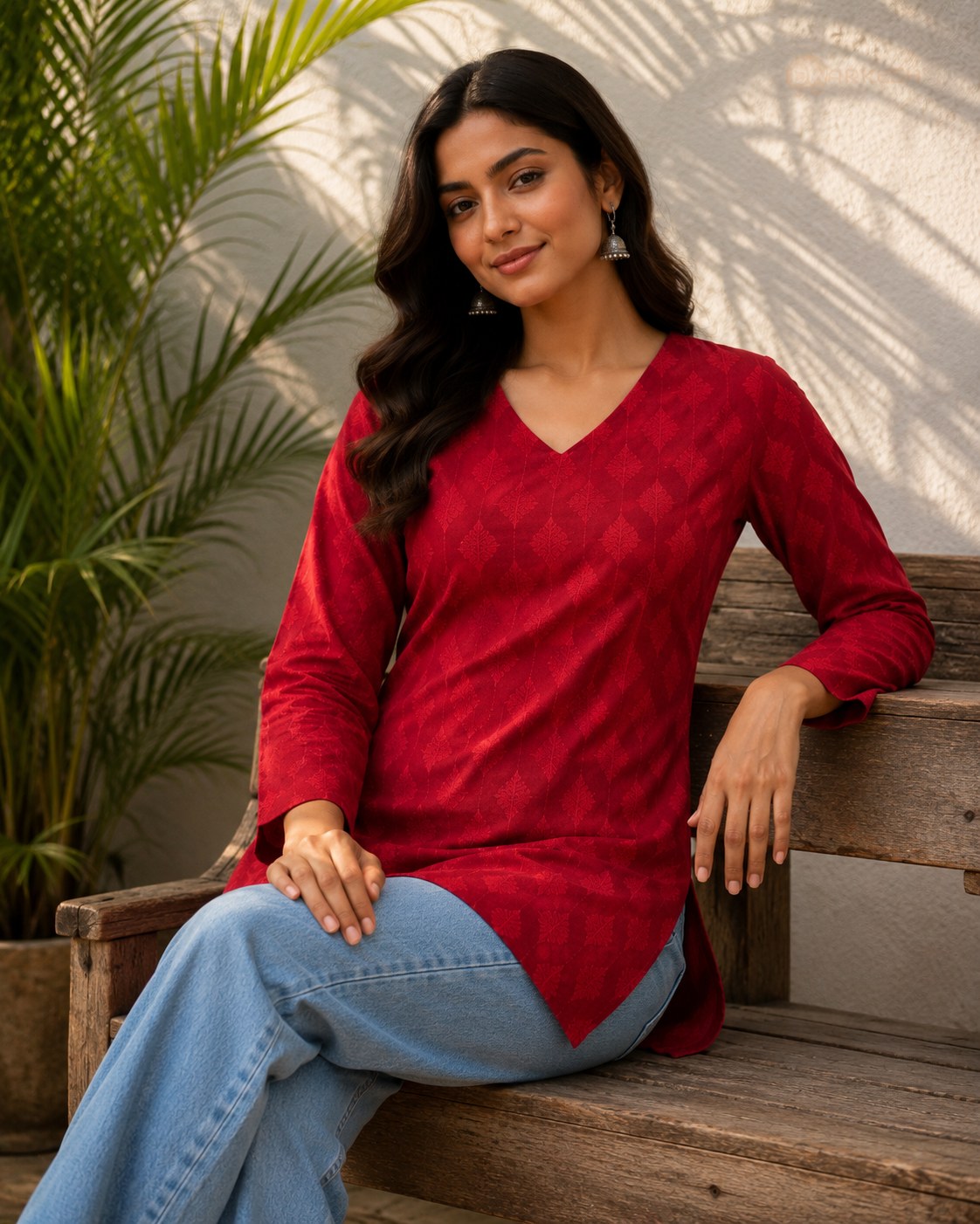 Red Tonal Geometric Print Cotton Short Kurti - DK-207 - view 4