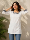 White Cotton Short Kurti with Contrast Border - DK-208 - view 1