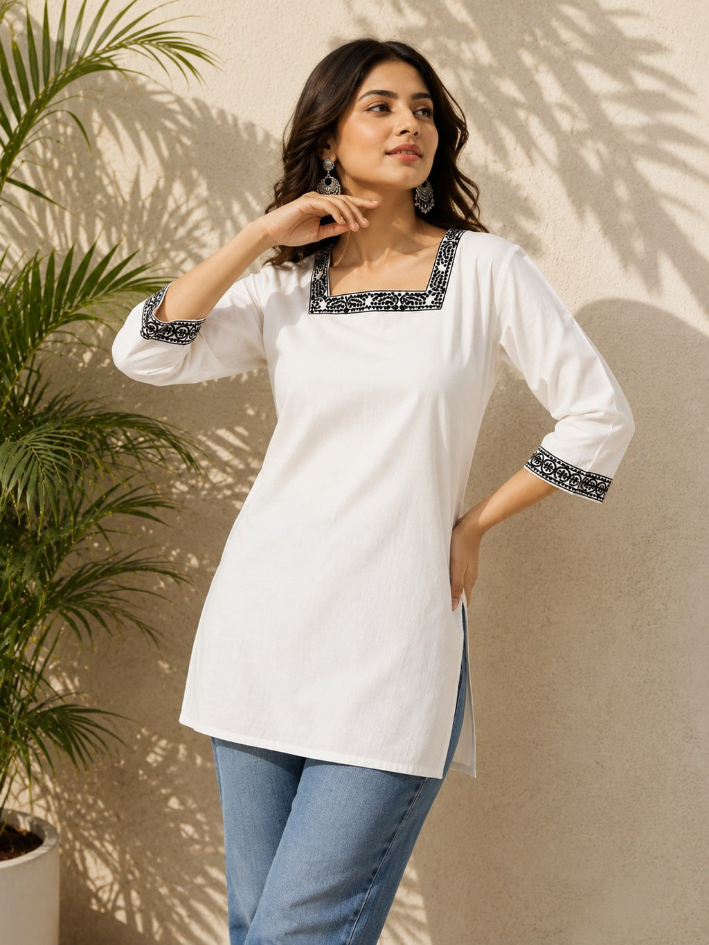 White Cotton Short Kurti with Contrast Border - DK-208 - view 3