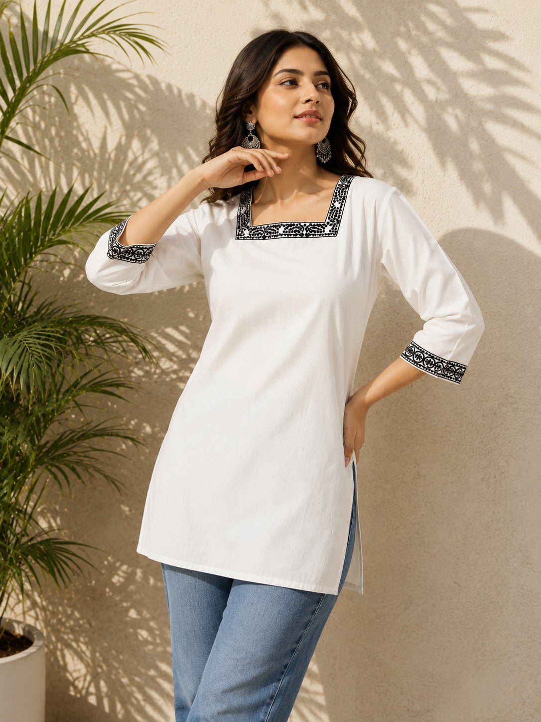 White Cotton Short Kurti with Contrast Border - DK-208 - view 3