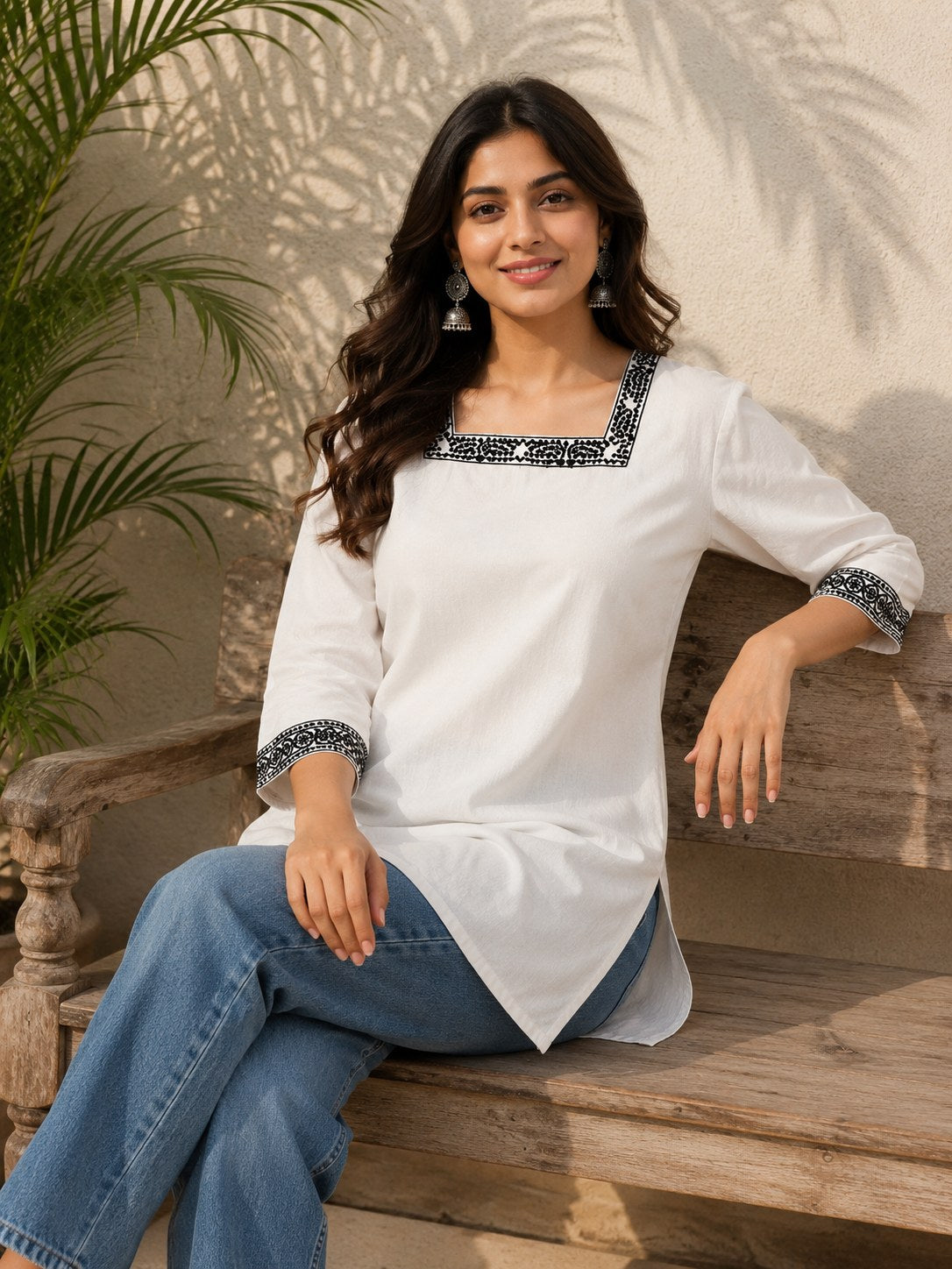 White Cotton Short Kurti with Contrast Border - DK-208 - view 4