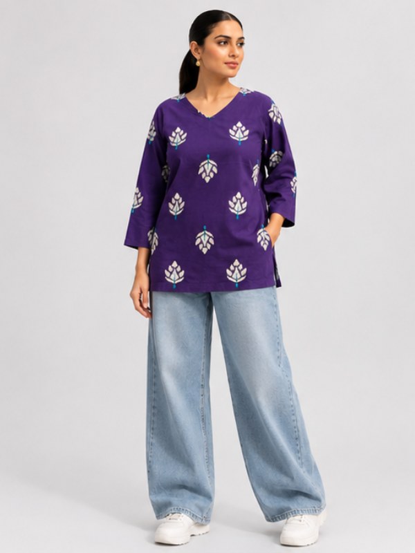 Purple Motif Print Cotton Short Kurti - DK-209 - view 1