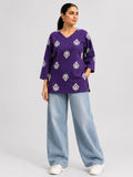 Purple Motif Print Cotton Short Kurti - DK-209 - view 1