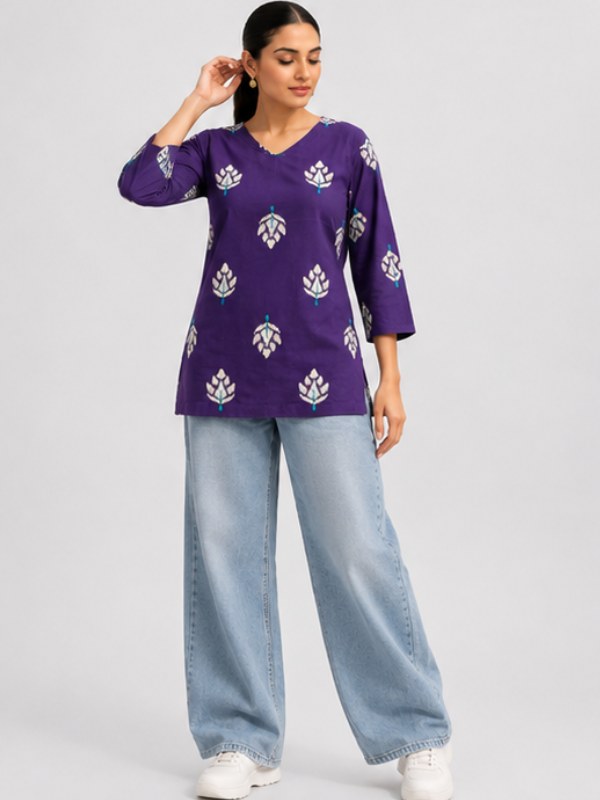 Purple Motif Print Cotton Short Kurti - DK-209 - view 2
