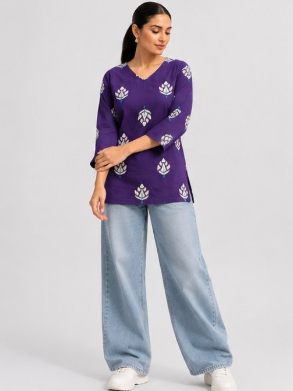 Purple Motif Print Cotton Short Kurti - DK-209 - view 3
