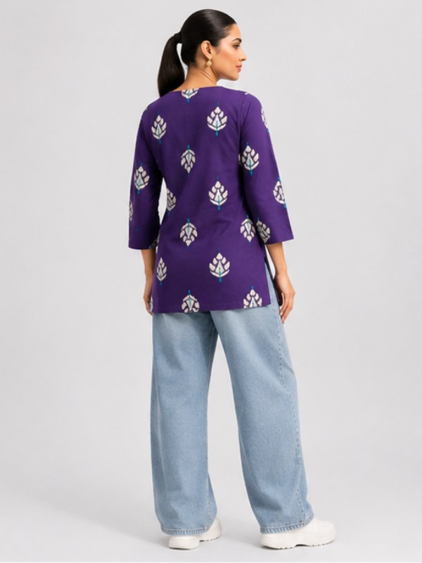 Purple Motif Print Cotton Short Kurti - DK-209 - view 4