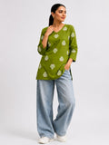 Olive Green Motif Print Cotton Short Kurti - DK-210 - view 1