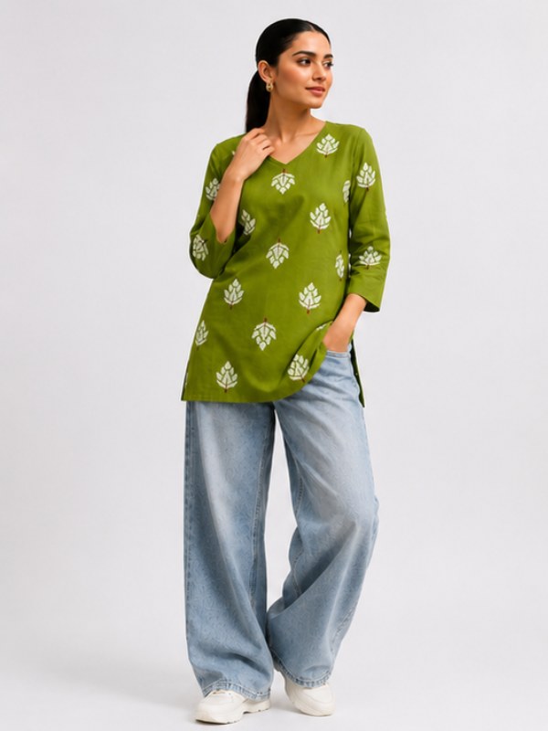 Olive Green Motif Print Cotton Short Kurti - DK-210 - view 1